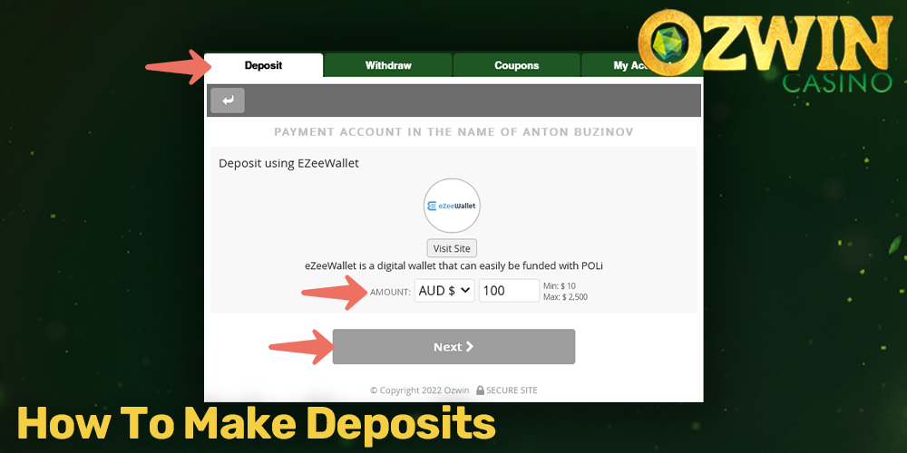 step-by-step instructions on how to make a deposit at Ozwin casino